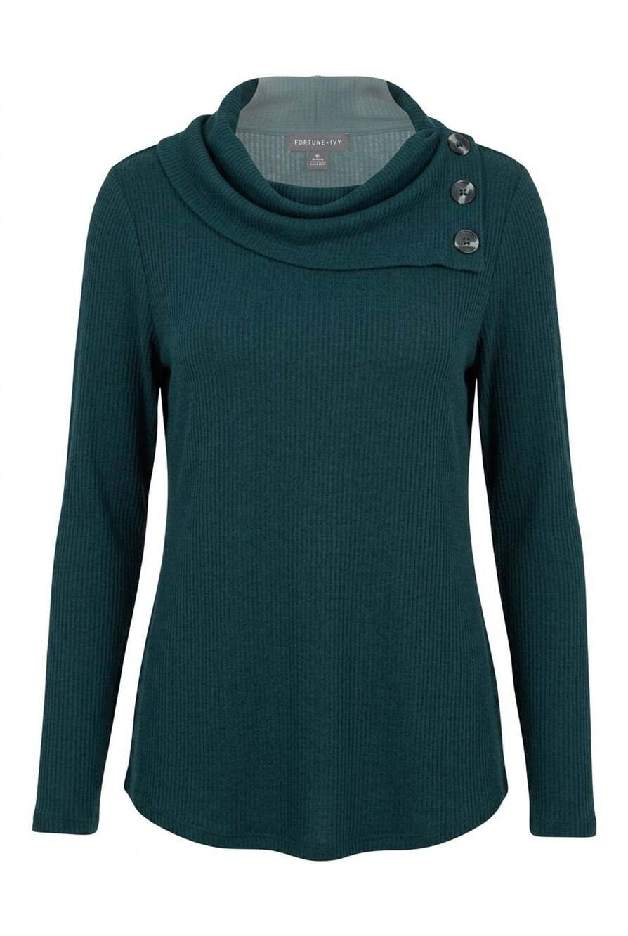 Fortune + Ivy Women's Long Sleeve Ribbed Cowl Neck Top with Side Button Detail